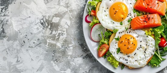 Poster - Top down view of a nutritious breakfast spread featuring fried eggs salmon sandwiches and a fresh salad on a plate with empty space for adding text or graphics. copy space available