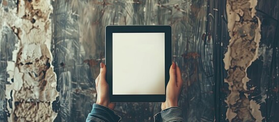 Aufkleber - A woman is showcasing a tablet device with a blank screen set against a textured wall background creating space for additional imagery