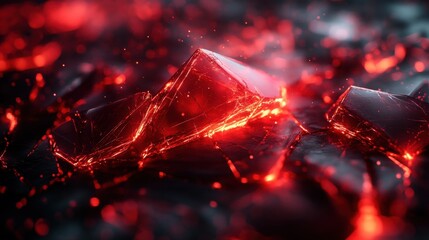 Wall Mural - A close-up view of glowing red crystal-like shards scattered across a dark surface, creating an intense and dramatic visual effect.

