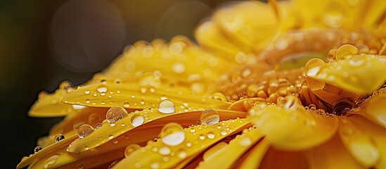 Aufkleber - Close up photo of raindrops on a yellow Gerbera flower with a copy space image captured in spring after the rain