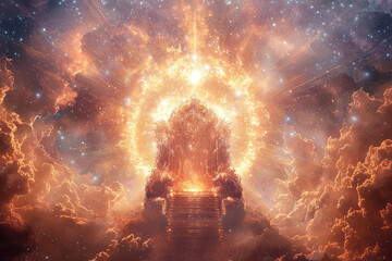 a magnificent throne made of radiant light amid celestial clouds, exuding warmth and majesty, forms 