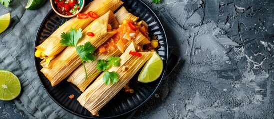 Poster - Central American and Colombian cuisine showcased with tamales on a black plate against a backdrop of gray stone perfect for a copy space image