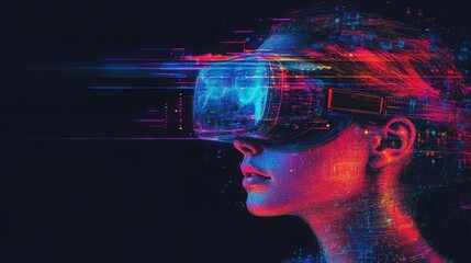 Wall Mural - An illustration of a person deeply immersed in virtual reality, with vivid neon blue and red digital streams flowing from their VR headset in a dark, futuristic setting.

