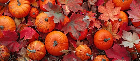 Poster - Autumn leaves provide a backdrop for pumpkins in the copy space image
