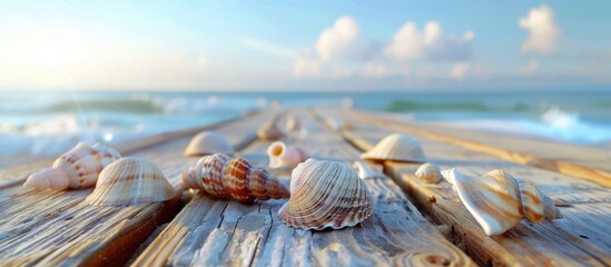 Poster - Summer setting with sea shells displayed on a wooden pier and sandy beach with empty sea snail shells scattered around perfect for a copy space image