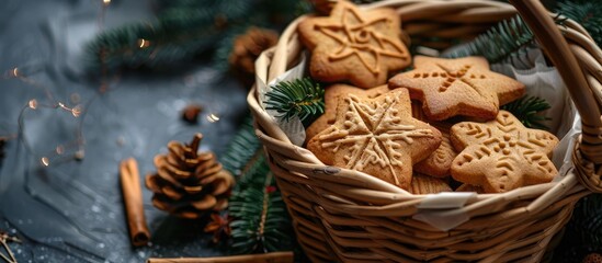 Poster - Eco style Christmas gift homemade cookies in a wooden basket displayed in a flat lay composition with copy space for an image