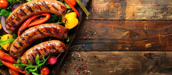 Poster - Grilled sausages and vegetables with a blank area for adding text in the image. copy space available