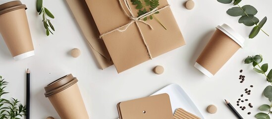 Aufkleber - Top view flat lay of a desk adorned with recycled brown office supplies and coffee cups The backdrop is a white table providing ample copy space image for an eco friendly theme on environmental prote