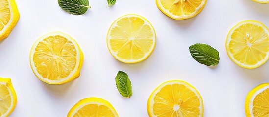 Poster - Citrus lemon slices creating a patterned frame on a white table background with copy space image embodying the concept of hot summer refreshment through a setup of beverage ingredients