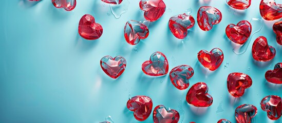 Aufkleber - Minimalistic Valentine s Day background showcasing a pattern of translucent red glass hearts over blue backdrop conveying a symbol of love with copy space image