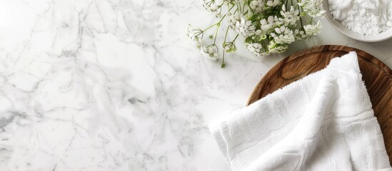 Aufkleber - White marble table displaying a kitchen towel with ample copy space image