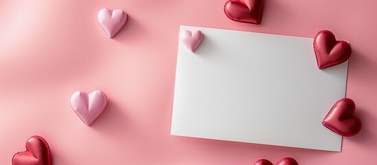 Aufkleber - A blank sheet of paper on a pink surface with Valentine hearts casting shadows a perfect template for your greeting card design Top view with a mock up and copy space image available