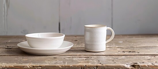 Poster - Close up of a white ceramic bowl and mug on a wooden surface with copy space image
