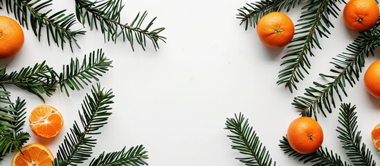 Poster - Flat lay Christmas arrangement featuring fresh tangerines on a white backdrop with room for text in a copy space image