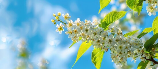 Wall Mural - Bird cherry white flowers against a blue sky in a captivating natural setting ideal for a copy space image to showcase its beauty