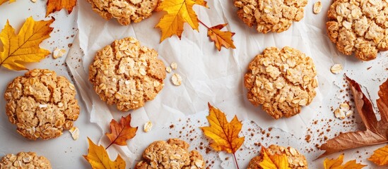 Aufkleber - Autumn themed oat cookies on a light background with parchment decorated with yellow leaves creating an enticing fall themed copy space image