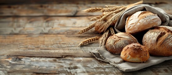 Poster - Various types of freshly baked bread on a rustic wooden table with copy space image