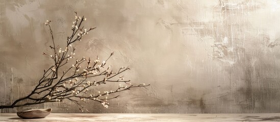 Poster - Sophisticated table arrangement with a plant branch on a brown backdrop ideal for a copy space image