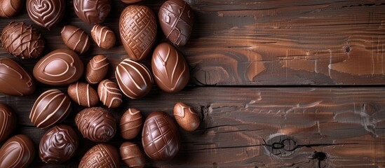 Aufkleber - Top view of chocolate Easter eggs set against a dark wooden surface with ample copy space image