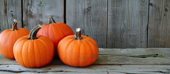 Poster - Three pumpkins are displayed on a wooden table with copy space image