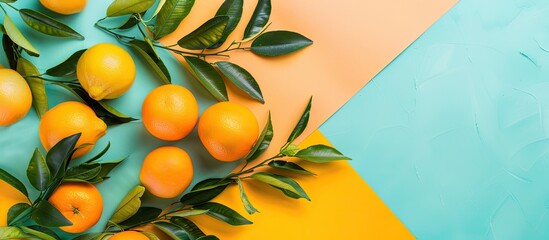 Aufkleber - Tangerines and leaves on colorful background in a flat lay setting with copy space image for text featuring citrus fruits