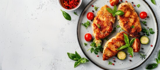 Poster - Healthy food of chicken cutlet and zucchini displayed in a top view with copy space image