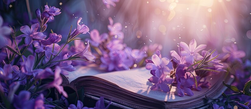A nostalgic setting with purple wildflowers and vintage open books on a gorgeous blurred background with room for text. copy space available