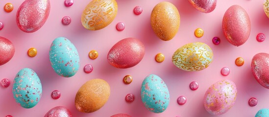 Aufkleber - Seamless Easter pattern featuring glittery colored eggs on a pink backdrop with copy space image