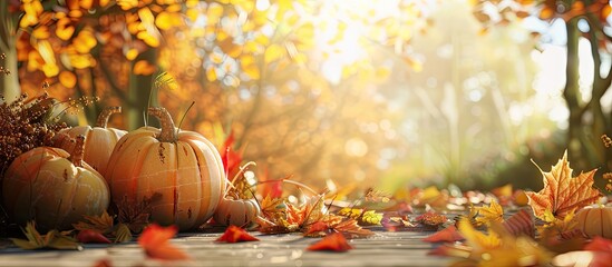 Poster - Fall season with colorful leaves pumpkins and a cozy atmosphere ideal for a fall themed copy space image