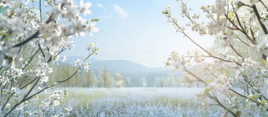 Aufkleber - A tranquil spring scene features delicate white flowers on blossoming trees against a soft focused nature background with a clear blue sky providing ample copy space image