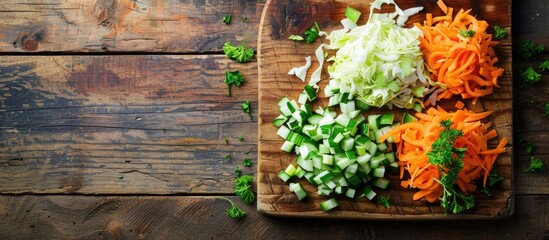 Poster - Fresh veggies like chopped carrot and cabbage displayed on a rustic wooden cutting board in a top view image symbolizing healthy eating with copy space for additional content