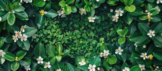 Canvas Print - Green leaves framing a copy space image with blossoms viewed from the top on a grassy border in the spring providing a blank template for text in a flat lay composition