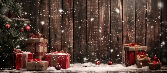 Sticker - A vintage style wooden background with Christmas gifts snow and space for images or text. copy space available