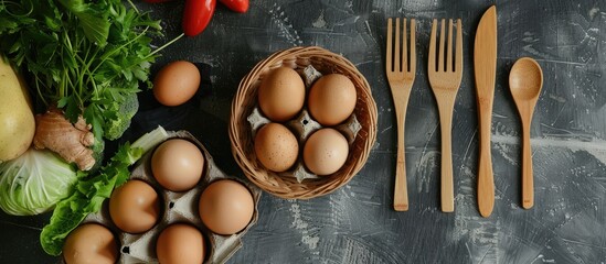 Aufkleber - A flat lay composition featuring fresh eggs in a rattan basket paired with vegetables and wooden cutlery creating an appealing copy space image from a top view