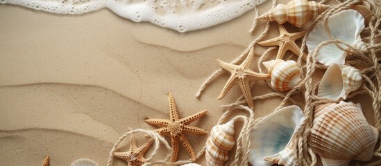 Poster - A summer themed scene featuring a sandy beach with seashells and string ideal for a copy space image