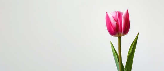 Fototapete - A solitary pink tulip against a white backdrop with ample copy space image