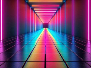 Wall Mural - A neon colored hallway with a rainbow pattern. The hallway is lit up with neon lights and has a futuristic feel to it