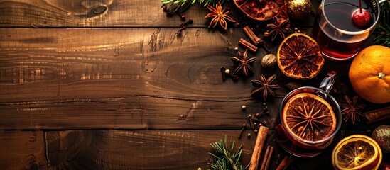Poster - Wooden table showcasing a classic mulled wine display with spices leaving room for a copy space image