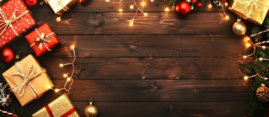 Fototapete - A wooden background adorned with Christmas gift boxes and lights featuring a copy space image