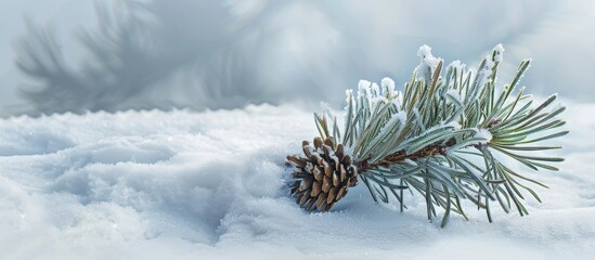 Aufkleber - Frost covered pine branch featuring long needles and a cone set against a snowy backdrop creating a serene copy space image
