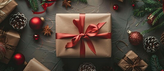 Poster - Top down view of a wrapped holiday gift in craft paper with a colored ribbon placed on a table with decorative elements around it providing copy space in the image