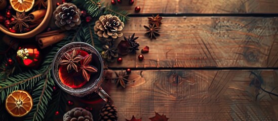 Poster - Wooden table topped with mulled wine glass creating a cozy ambiance around a copy space image
