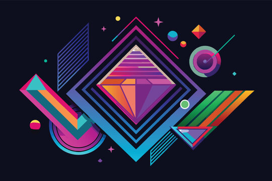 Geometrical gradient neon colorful shapes on black background
