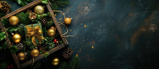 Poster - Festive wooden box adorned with golden and green decorations and toys for Christmas and New Year celebrations with copy space image