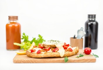 Wall Mural - Appetizing cheesy bread with tomato and herbs on a wooden board.