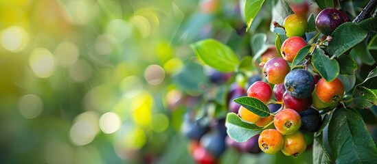 Poster - Selective focus close up of colored little fruits on a tree with a blurry background providing a picturesque copy space image