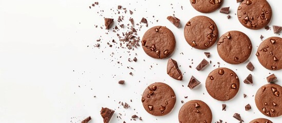 Poster - Create a background composition by framing your text with round cookies and chocolate pieces on a white background to incorporate a copy space image