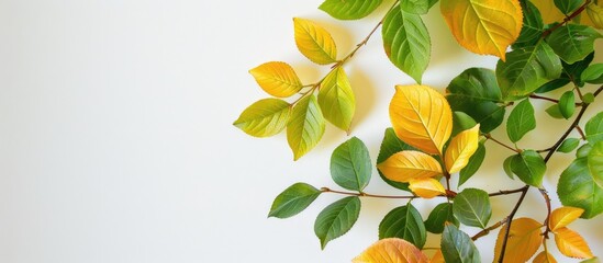 Aufkleber - Green and yellow leaves set on a white backdrop for use in background or interior design ideal for a copy space image