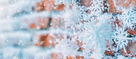 Aufkleber - Snowflakes on a white background with a blurred brick wall in the background provide ample copy space in the image