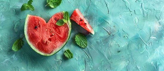 Poster - Top view of a vibrant watermelon heart shape with mint leaves on a green surface creating a summer inspired copy space image with a watermelon pattern